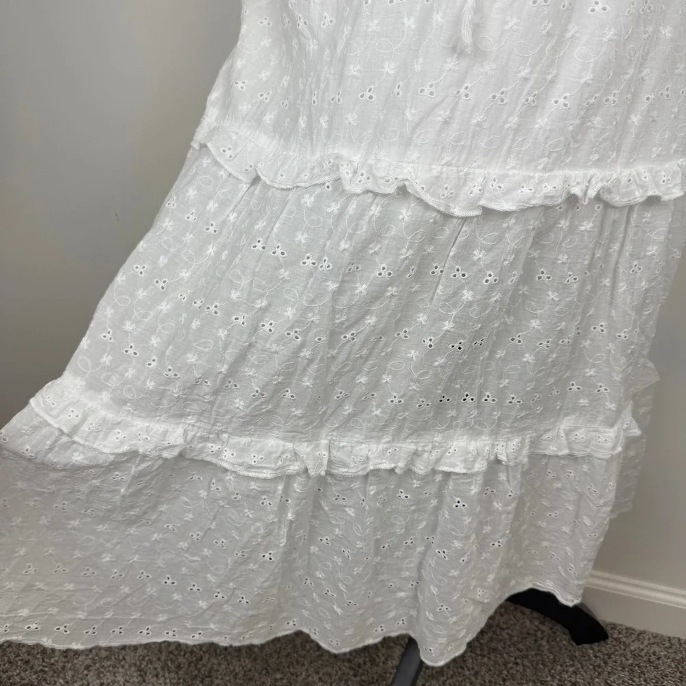 Over Kleshas White Eyelet Lace Up Tiered Boho Maxi Skirt Cottagecore Size Large